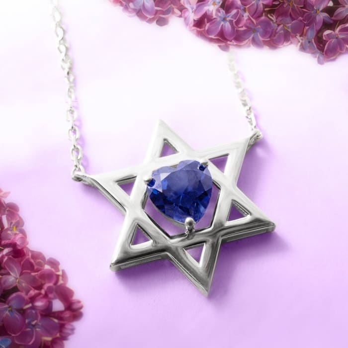Star of David Necklace With 3/4 Carat Heart Shape Created Sapphire In 14K White Gold