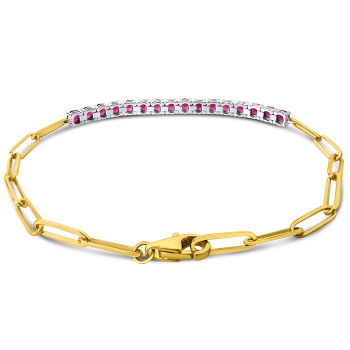 1 1/2 Carat Ruby Tennis Bracelet On 14 Karat Yellow Gold Paperclip Chain, 7 Inches