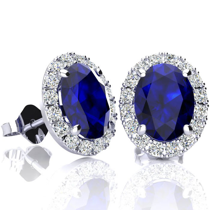 2 3/4 Carat Oval Shape Sapphire and Halo Diamond Earrings In Sterling Silver