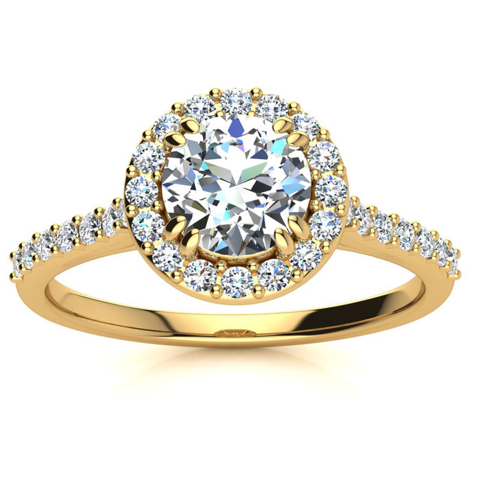 Moissanite Engagement Ring; 1 Carat Round Shape Halo Moissanite Engagement Ring In 14 Karat Yellow Gold