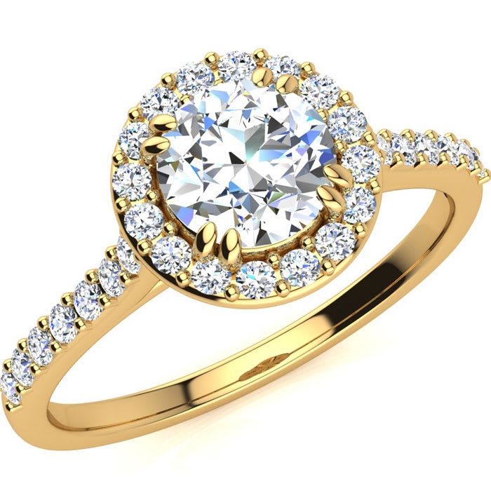 Moissanite Engagement Ring; 1 Carat Round Shape Halo Moissanite Engagement Ring In 14 Karat Yellow Gold