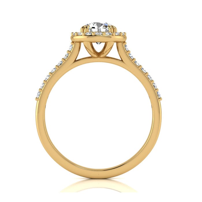 Moissanite Engagement Ring; 1 Carat Round Shape Halo Moissanite Engagement Ring In 14 Karat Yellow Gold
