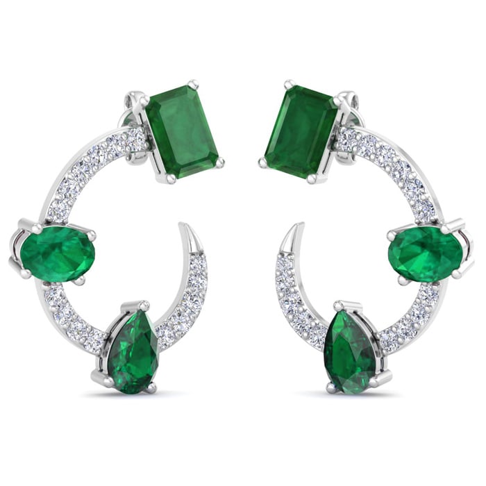 3 Carat Emerald and Lab Grown Diamond Hoop Earrings In 14 Karat White Gold, 3/4 Inch