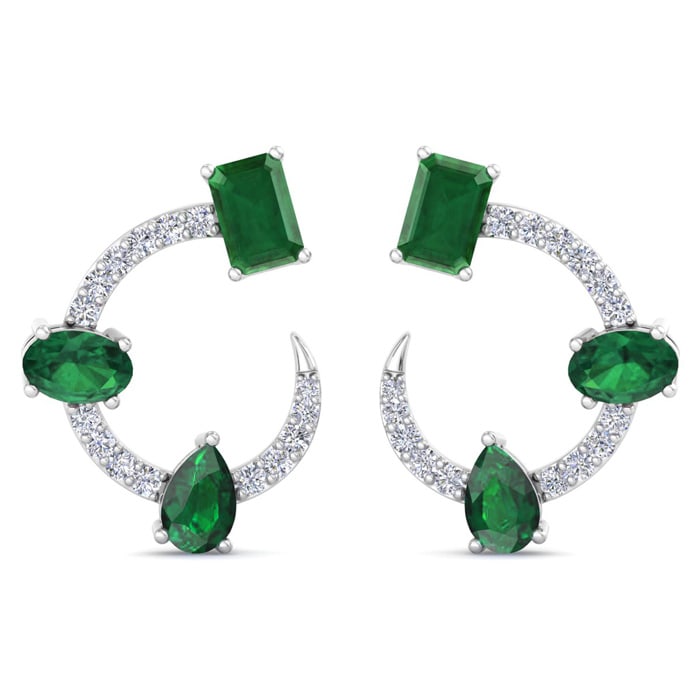 3 Carat Emerald and Lab Grown Diamond Hoop Earrings In 14 Karat White Gold, 3/4 Inch