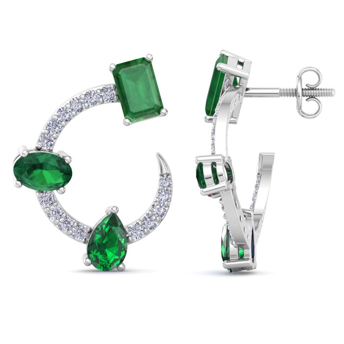 3 Carat Emerald and Lab Grown Diamond Hoop Earrings In 14 Karat White Gold, 3/4 Inch