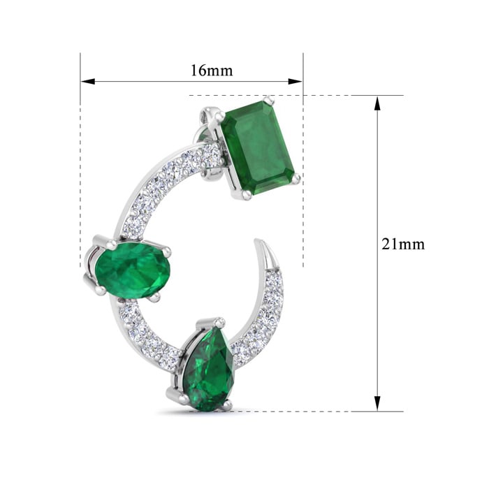 3 Carat Emerald and Lab Grown Diamond Hoop Earrings In 14 Karat White Gold, 3/4 Inch