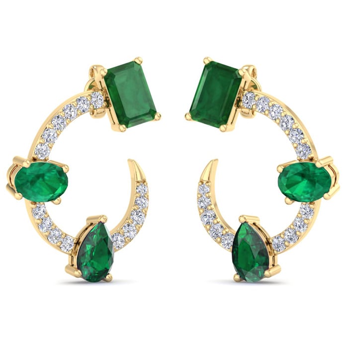 3 Carat Emerald and Lab Grown Diamond Hoop Earrings In 14 Karat Yellow Gold, 3/4 Inch