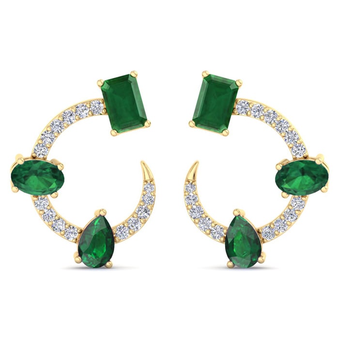3 Carat Emerald and Lab Grown Diamond Hoop Earrings In 14 Karat Yellow Gold, 3/4 Inch