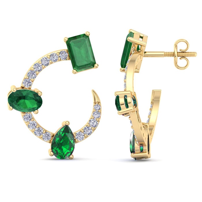 3 Carat Emerald and Lab Grown Diamond Hoop Earrings In 14 Karat Yellow Gold, 3/4 Inch