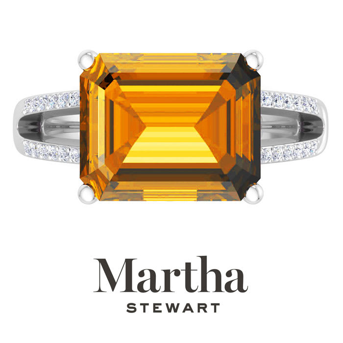 Martha Stewart 5 1/2 Carat Emerald Cut Citrine and Lab Grown Diamond Ring In Sterling Silver
