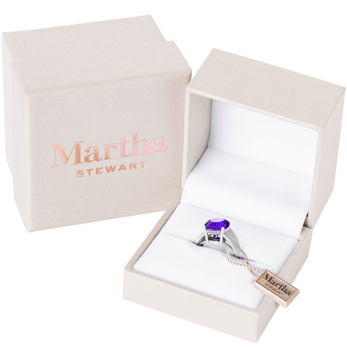Martha Stewart 6 3/4 Carat Oval Shape Amethyst and Lab Grown Diamond Hidden Halo Ring In Sterling Silver