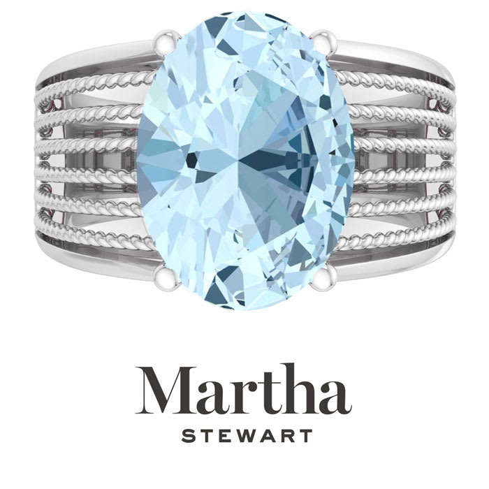 Martha Stewart 6 3/4 Carat Oval Shape Aquamarine and Lab Grown Diamond Hidden Halo Ring In Sterling Silver
