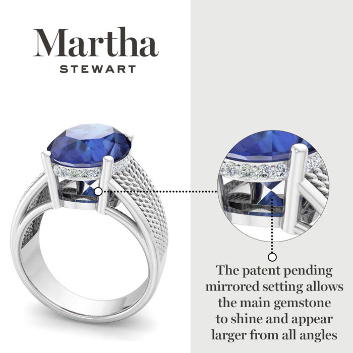 Martha Stewart 6 3/4 Carat Oval Shape Sapphire and Lab Grown Diamond Hidden Halo Ring In Sterling Silver