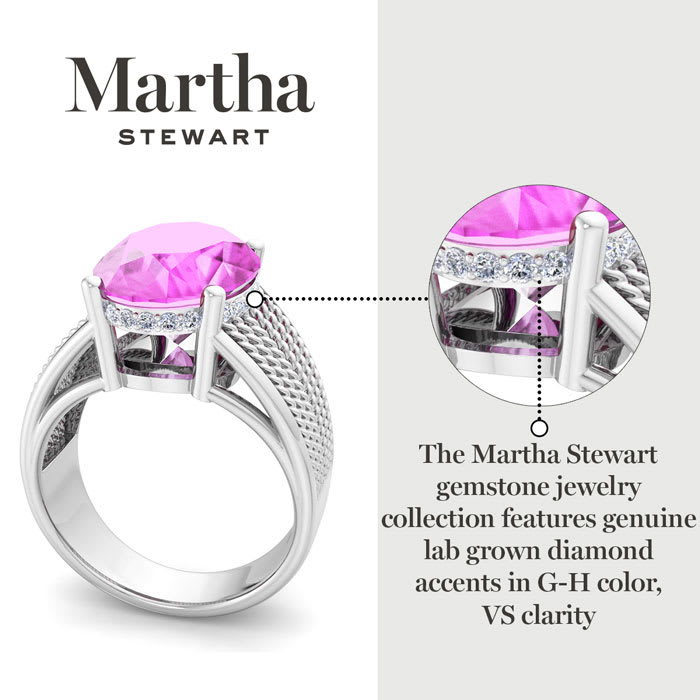 Martha Stewart 6 3/4 Carat Oval Shape Pink Sapphire and Lab Grown Diamond Hidden Halo Ring In Sterling Silver