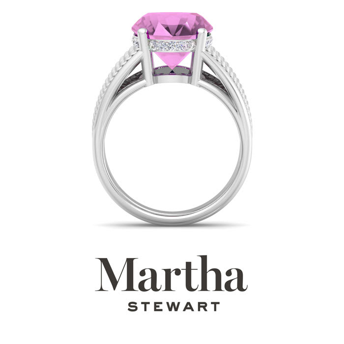Martha Stewart 6 3/4 Carat Oval Shape Pink Sapphire and Lab Grown Diamond Hidden Halo Ring In Sterling Silver