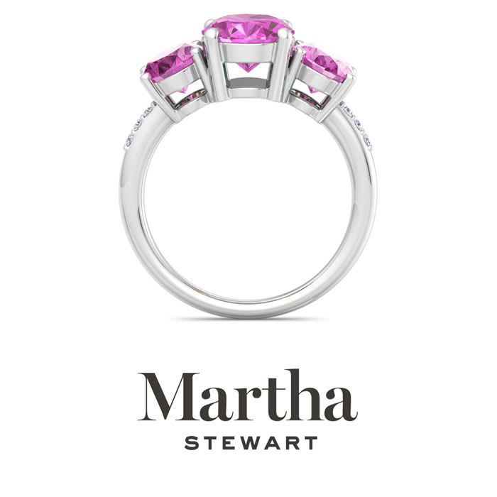 Martha Stewart 5 Carat Oval Shape Pink Sapphire and Lab Grown Diamond Three Stone Plus Ring In Sterling Silver