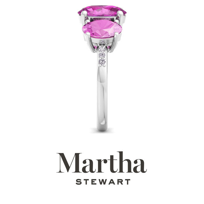 Martha Stewart 5 Carat Oval Shape Pink Sapphire and Lab Grown Diamond Three Stone Plus Ring In Sterling Silver