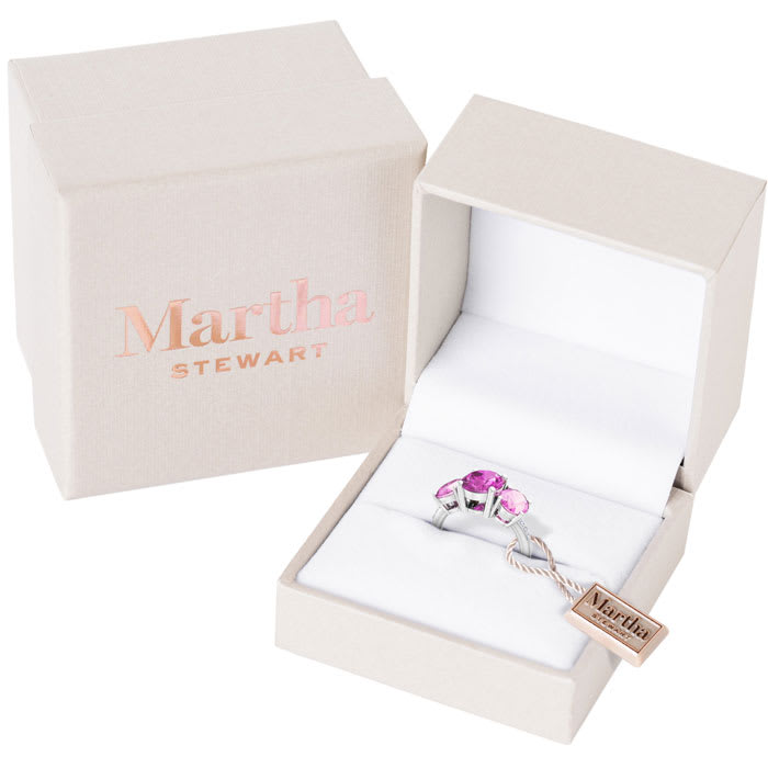 Martha Stewart 5 Carat Oval Shape Pink Sapphire and Lab Grown Diamond Three Stone Plus Ring In Sterling Silver