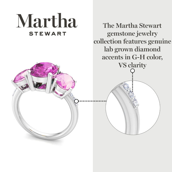 Martha Stewart 5 Carat Oval Shape Pink Sapphire and Lab Grown Diamond Three Stone Plus Ring In Sterling Silver