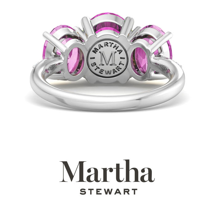 Martha Stewart 5 Carat Oval Shape Pink Sapphire and Lab Grown Diamond Three Stone Plus Ring In Sterling Silver
