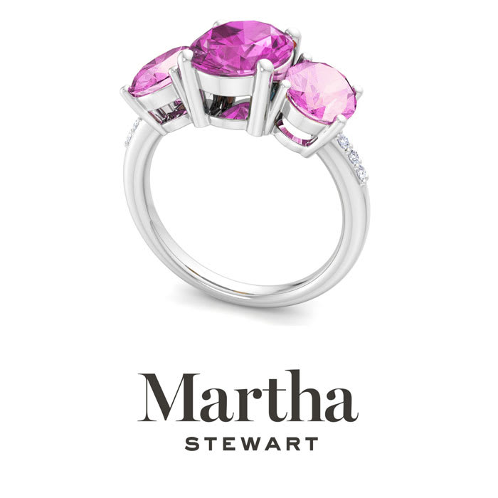 Martha Stewart 5 Carat Oval Shape Pink Sapphire and Lab Grown Diamond Three Stone Plus Ring In Sterling Silver
