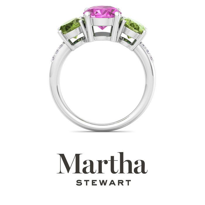 Martha Stewart 5 Carat Oval Shape Pink Sapphire, Peridot and Lab Grown Diamond Three Stone Plus Ring In Sterling Silver
