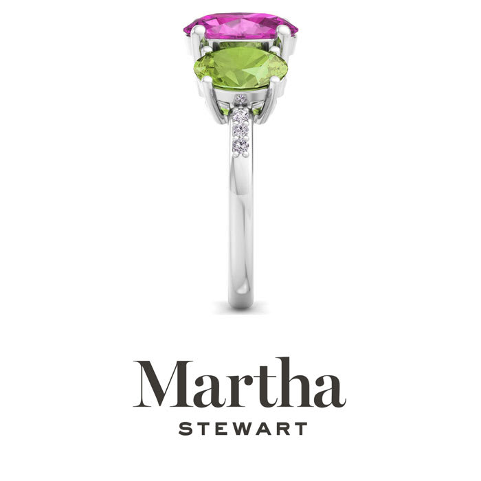 Martha Stewart 5 Carat Oval Shape Pink Sapphire, Peridot and Lab Grown Diamond Three Stone Plus Ring In Sterling Silver