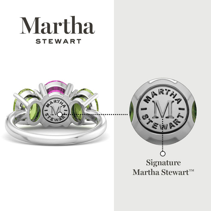 Martha Stewart 5 Carat Oval Shape Pink Sapphire, Peridot and Lab Grown Diamond Three Stone Plus Ring In Sterling Silver