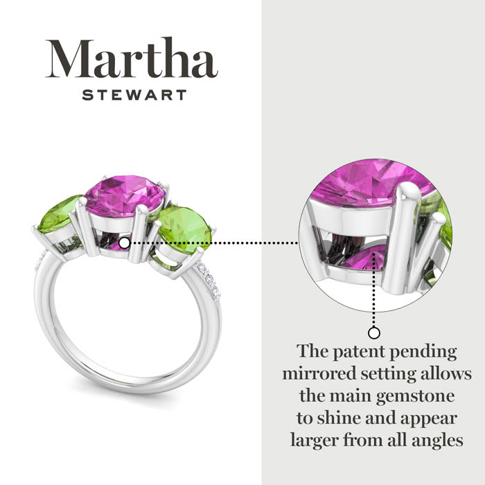 Martha Stewart 5 Carat Oval Shape Pink Sapphire, Peridot and Lab Grown Diamond Three Stone Plus Ring In Sterling Silver