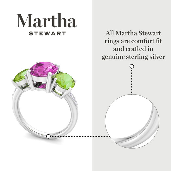 Martha Stewart 5 Carat Oval Shape Pink Sapphire, Peridot and Lab Grown Diamond Three Stone Plus Ring In Sterling Silver