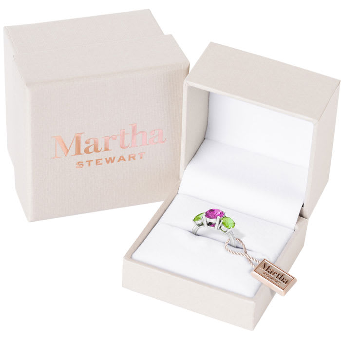 Martha Stewart 5 Carat Oval Shape Pink Sapphire, Peridot and Lab Grown Diamond Three Stone Plus Ring In Sterling Silver
