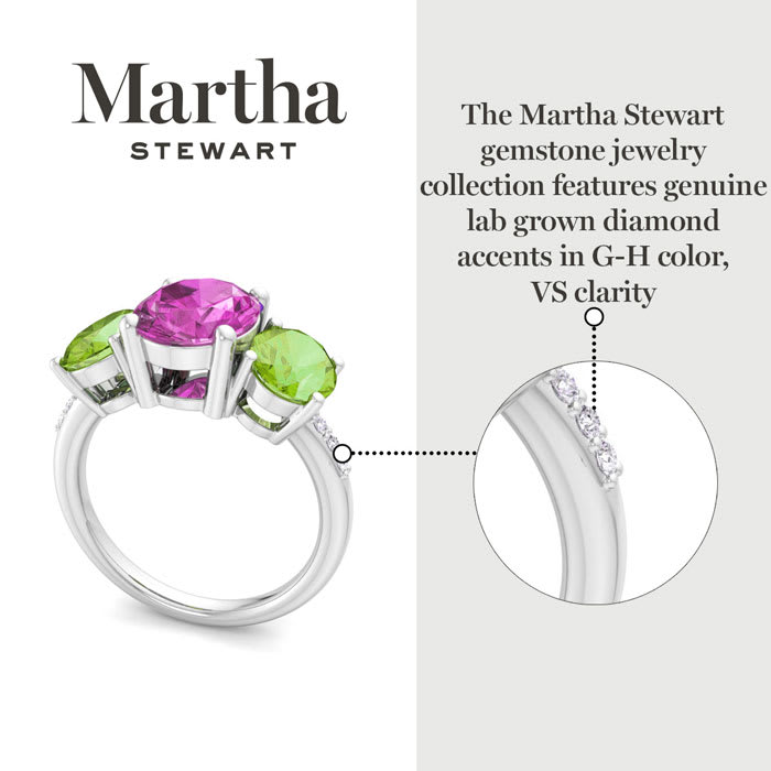 Martha Stewart 5 Carat Oval Shape Pink Sapphire, Peridot and Lab Grown Diamond Three Stone Plus Ring In Sterling Silver