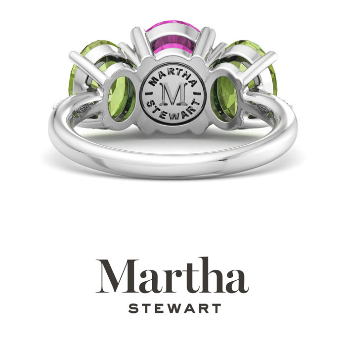 Martha Stewart 5 Carat Oval Shape Pink Sapphire, Peridot and Lab Grown Diamond Three Stone Plus Ring In Sterling Silver