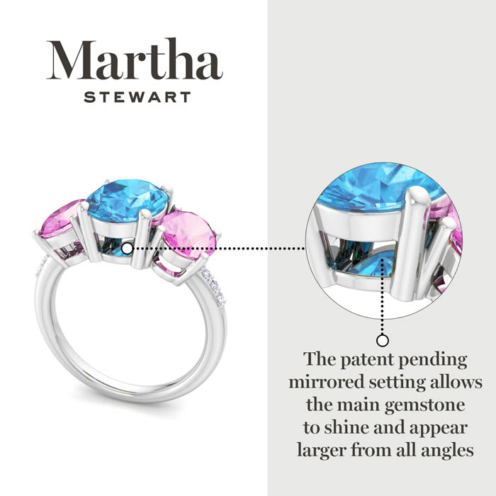 Martha Stewart 5 Carat Oval Shape Blue Topaz, Pink Sapphire and Lab Grown Diamond Three Stone Plus Ring In Sterling Silver