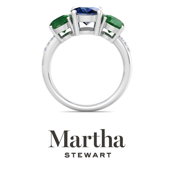 Martha Stewart 5 Carat Oval Shape Sapphire, Emerald and Lab Grown Diamond Three Stone Plus Ring In Sterling Silver