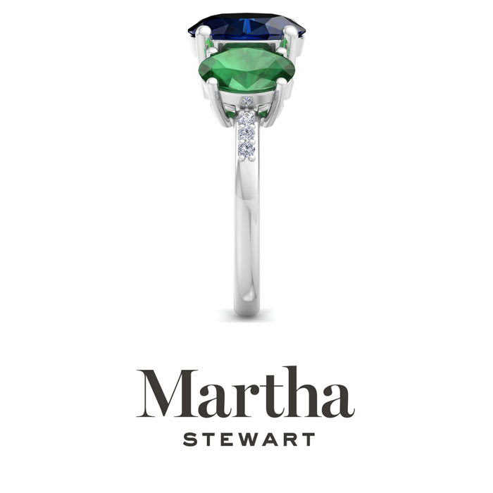Martha Stewart 5 Carat Oval Shape Sapphire, Emerald and Lab Grown Diamond Three Stone Plus Ring In Sterling Silver