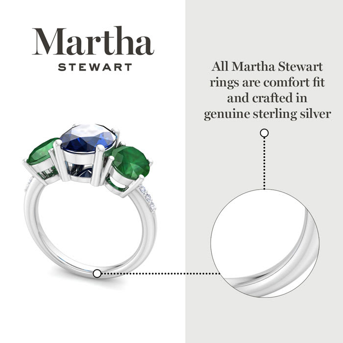 Martha Stewart 5 Carat Oval Shape Sapphire, Emerald and Lab Grown Diamond Three Stone Plus Ring In Sterling Silver