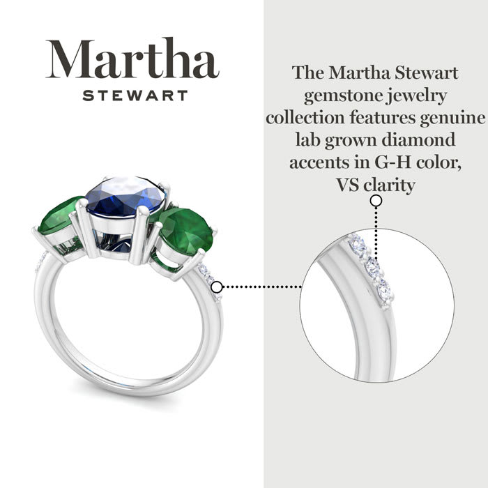 Martha Stewart 5 Carat Oval Shape Sapphire, Emerald and Lab Grown Diamond Three Stone Plus Ring In Sterling Silver