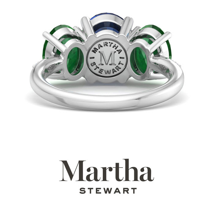 Martha Stewart 5 Carat Oval Shape Sapphire, Emerald and Lab Grown Diamond Three Stone Plus Ring In Sterling Silver