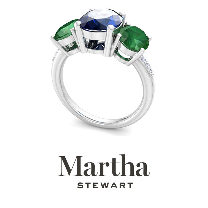 Martha Stewart 5 Carat Oval Shape Sapphire, Emerald and Lab Grown Diamond Three Stone Plus Ring In Sterling Silver