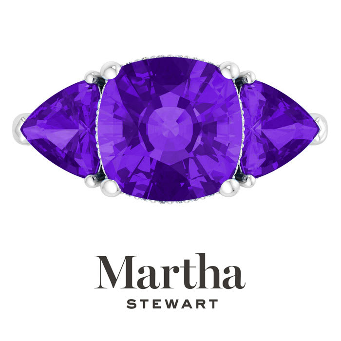 Martha Stewart 8 Carat Cushion Amethyst and Lab Grown Diamond Three Stone Plus Ring In Sterling Silver