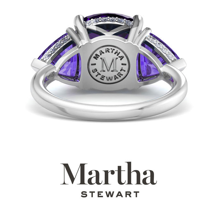 Martha Stewart 8 Carat Cushion Amethyst and Lab Grown Diamond Three Stone Plus Ring In Sterling Silver