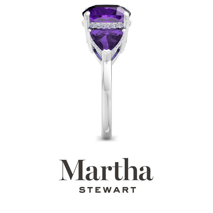 Martha Stewart 8 Carat Cushion Amethyst and Lab Grown Diamond Three Stone Plus Ring In Sterling Silver