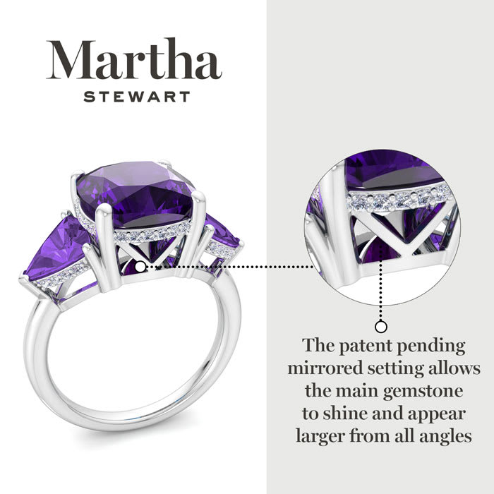 Martha Stewart 8 Carat Cushion Amethyst and Lab Grown Diamond Three Stone Plus Ring In Sterling Silver