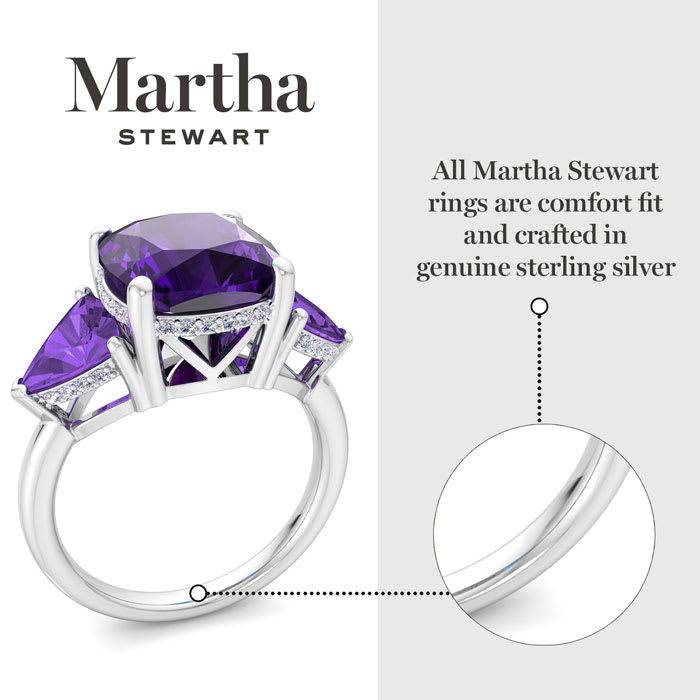 Martha Stewart 8 Carat Cushion Amethyst and Lab Grown Diamond Three Stone Plus Ring In Sterling Silver
