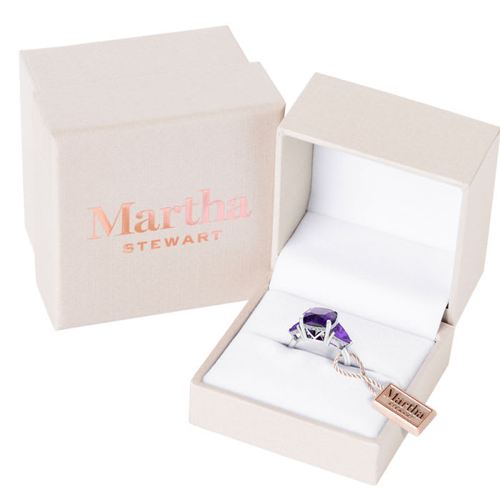 Martha Stewart 8 Carat Cushion Amethyst and Lab Grown Diamond Three Stone Plus Ring In Sterling Silver