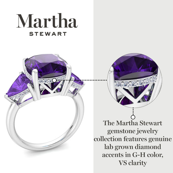 Martha Stewart 8 Carat Cushion Amethyst and Lab Grown Diamond Three Stone Plus Ring In Sterling Silver