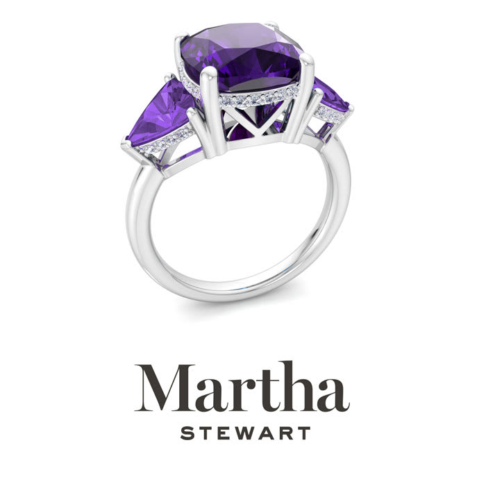 Martha Stewart 8 Carat Cushion Amethyst and Lab Grown Diamond Three Stone Plus Ring In Sterling Silver