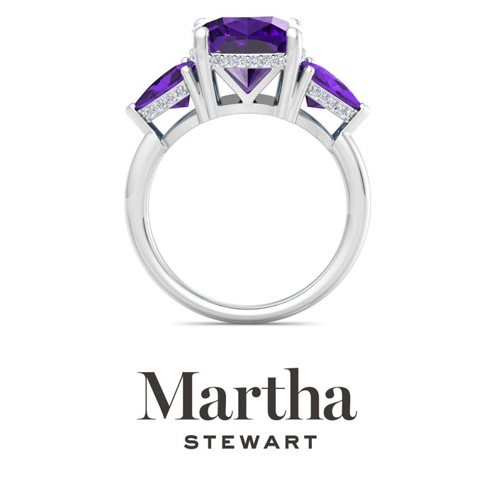 Martha Stewart 8 Carat Cushion Amethyst and Lab Grown Diamond Three Stone Plus Ring In Sterling Silver