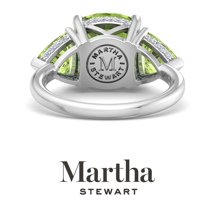 Martha Stewart 8 Carat Cushion Peridot and Lab Grown Diamond Three Stone Plus Ring In Sterling Silver